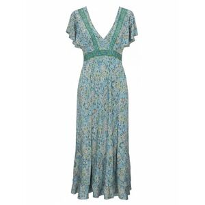 Indie Boutique Blue Paisley Floral V-Neck Flutter Sleeve Maxi Dress Boho L